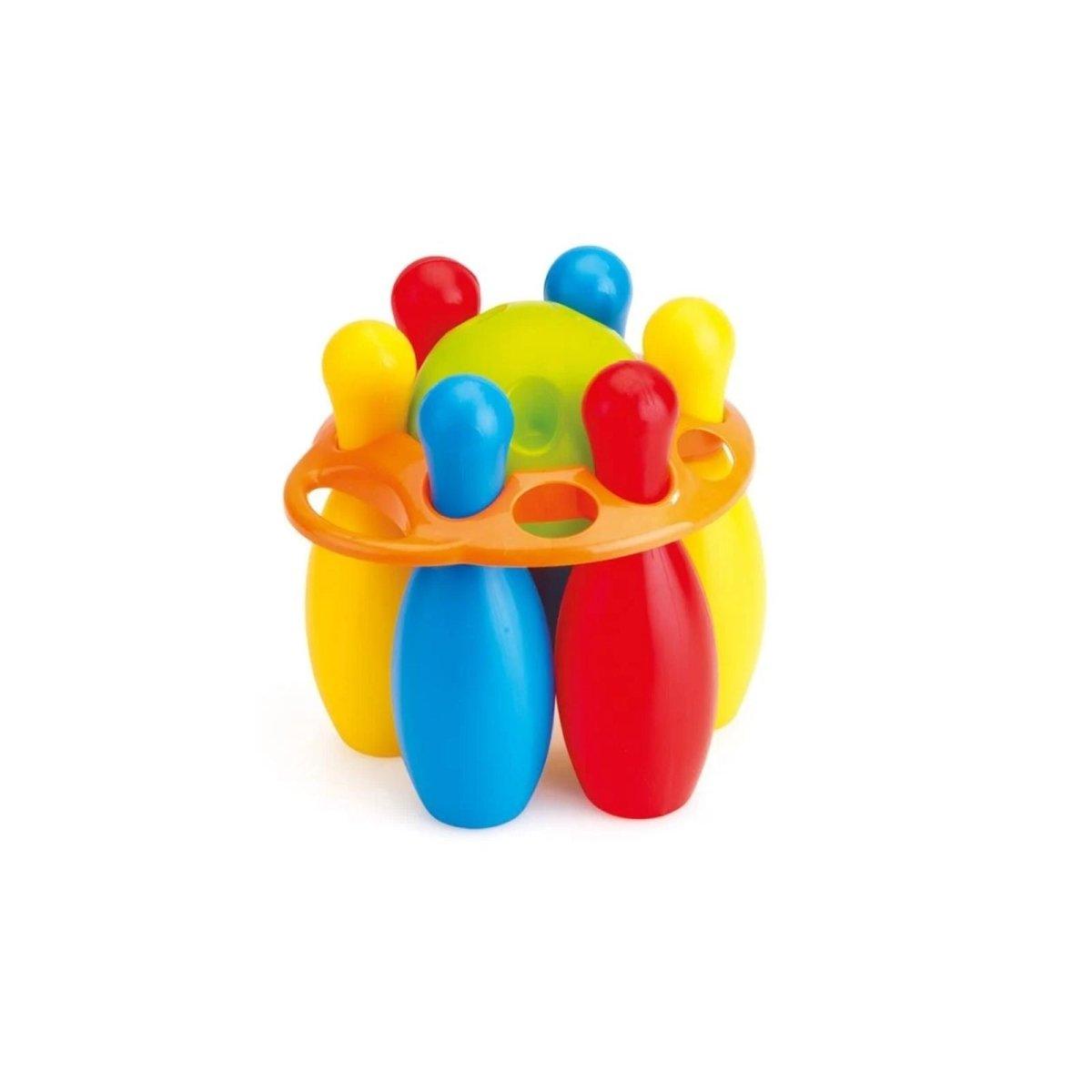 Dolu 6-piece plastic bowling pin set with orange base tray and multicolor pins