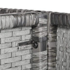 Grey rattan wicker weave corner joint with wrapped texture and metal fastener