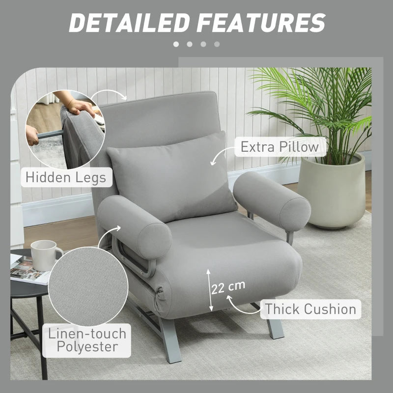 Light grey sofa bed chair with thick cushions, hidden legs, and padded armrests