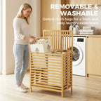 Bamboo laundry hamper with lid, slatted frame, and removable Oxford cloth liner