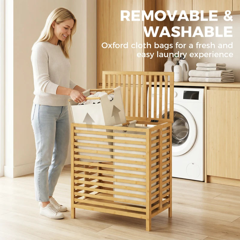 Bamboo laundry hamper with lid, slatted frame, and removable Oxford cloth liner