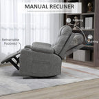Light grey manual recliner armchair with extended leg rest in reclined position