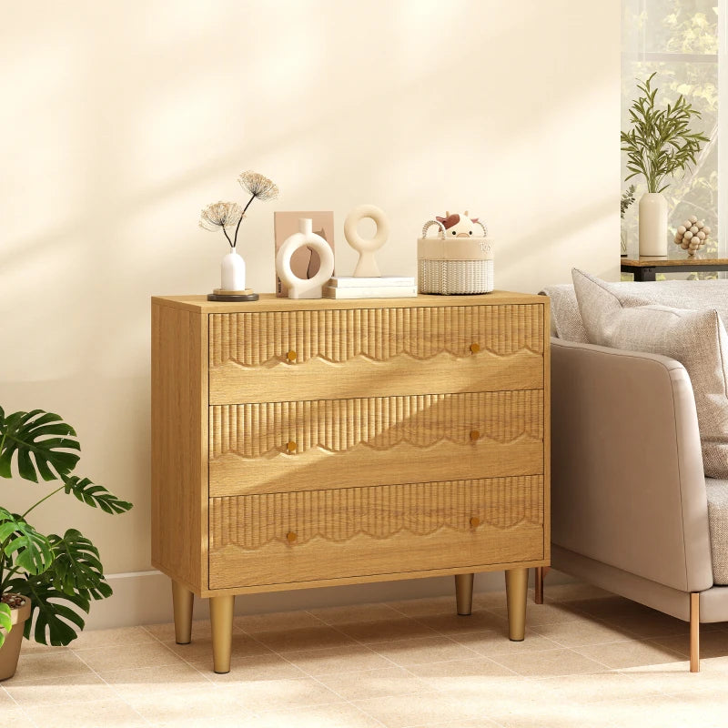 Oak 3-drawer dresser chest with ribbed drawer fronts and gold tapered legs