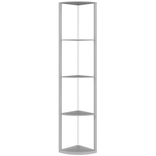 Grey standing floor lamp with three display shelves and open corner frame