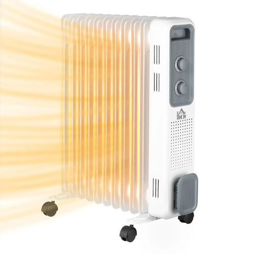 White oil-filled electric radiator heater with 11 fins, side controls, and caster wheels.