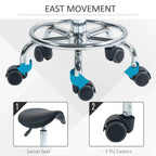 Black saddle stool with swivel seat and PU caster wheels on chrome base