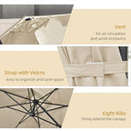 Cream parasol canopy details: vent panel, Velcro strap, and metal rib framework