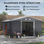 Grey metal garden shed with double doors, small vents, and pitched roof
