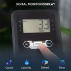 Black digital monitor on a rowing machine showing 33 count and mode controls.