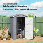 Grey resin wall shed with open door, window, and storage shelves