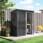 Black metal garden storage shed with sliding door closed, sloped roof and ridged siding.