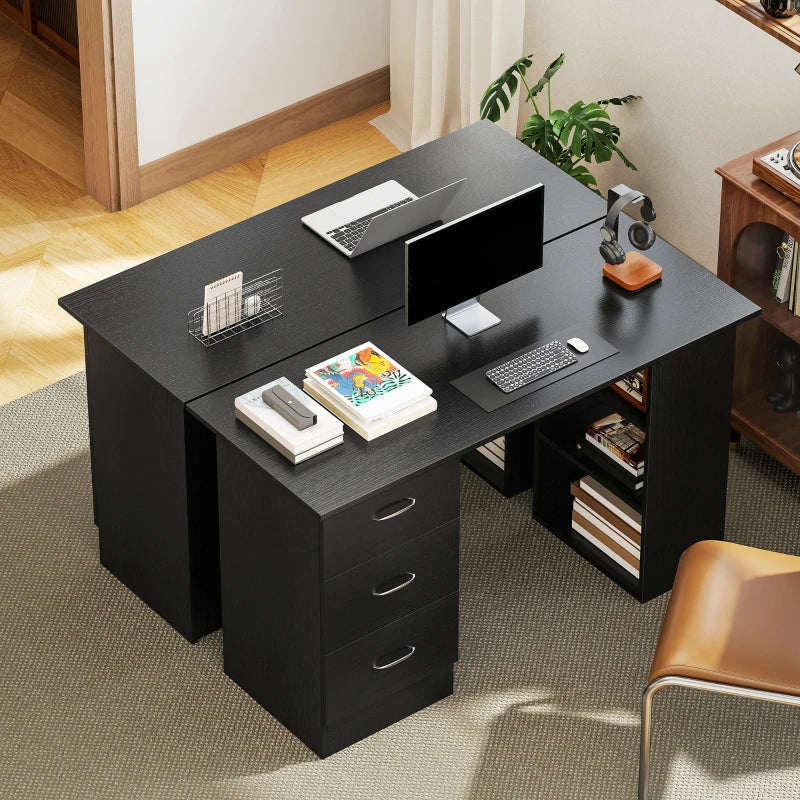 Black office desk with keyboard tray, drawers, and open right shelf