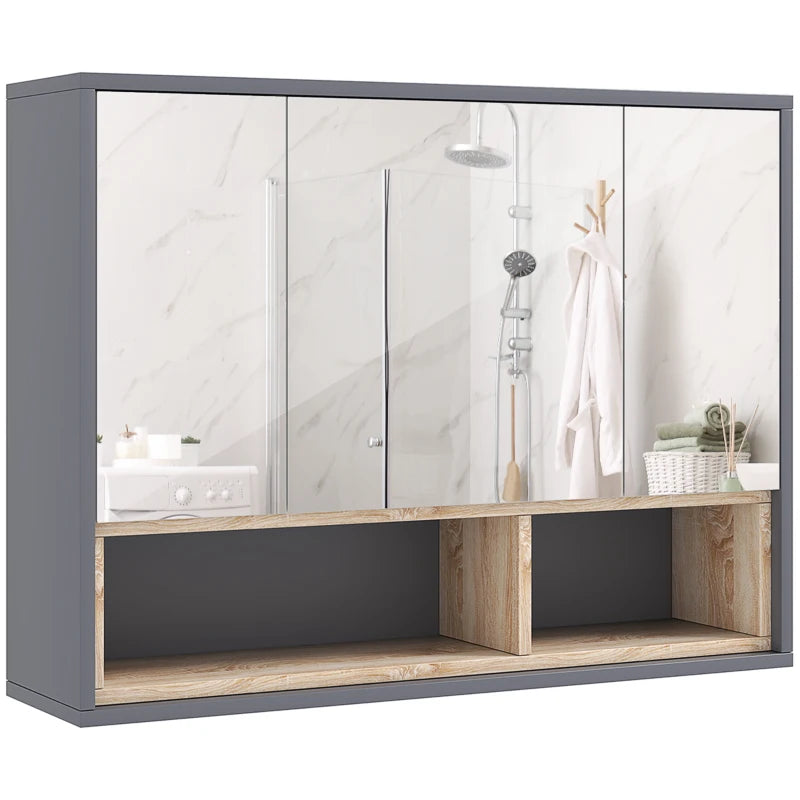 Wall-mounted grey mirror bathroom cabinet with three doors and open shelf storage