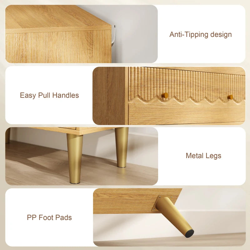 Oak 3-drawer dresser with easy-pull handles, metal legs, and anti-tipping design