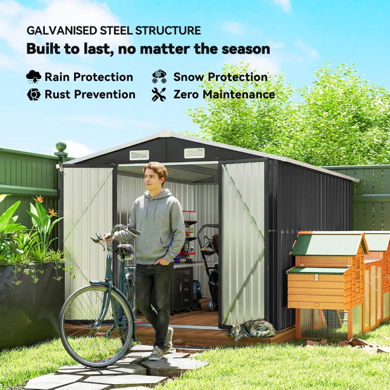 Dark grey garden storage shed with roof vents and open double doors