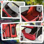 Red pet stroller interior with mesh panels, zip door, and side storage pockets