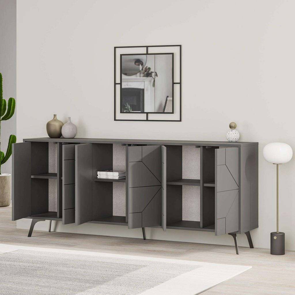 Anthracite grey console sideboard with geometric door panels and open shelf storage