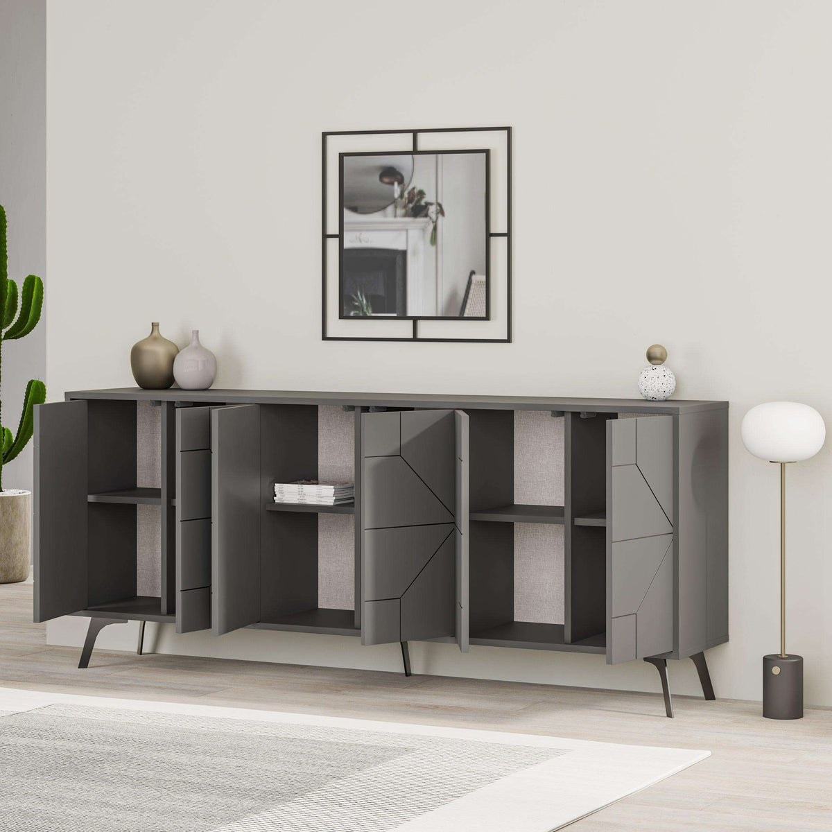 Anthracite grey console sideboard with geometric door panels and open shelf storage