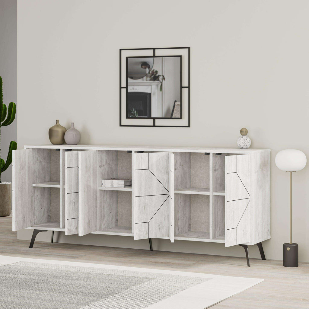 Light oak console sideboard with geometric cabinet panels, shelves, and angled legs