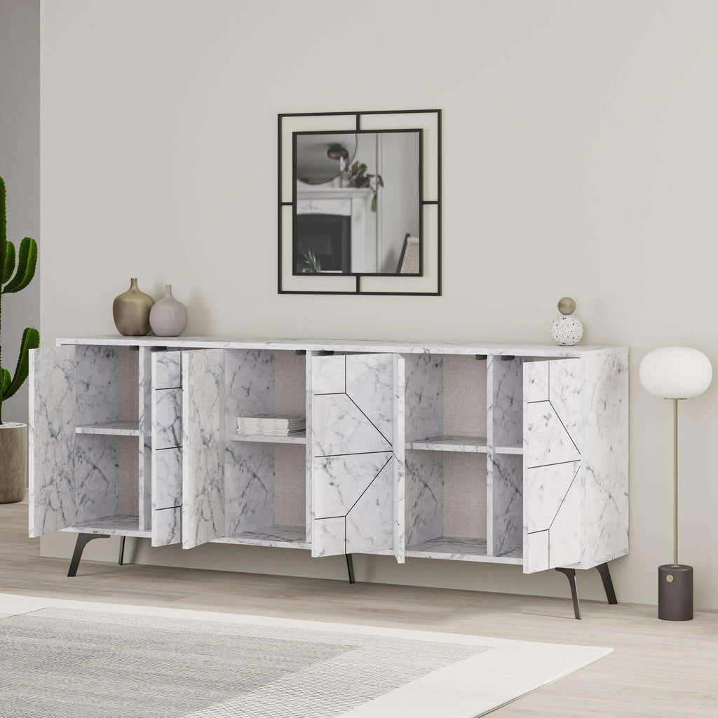 White marble-effect console sideboard with geometric doors, shelves, and slim legs