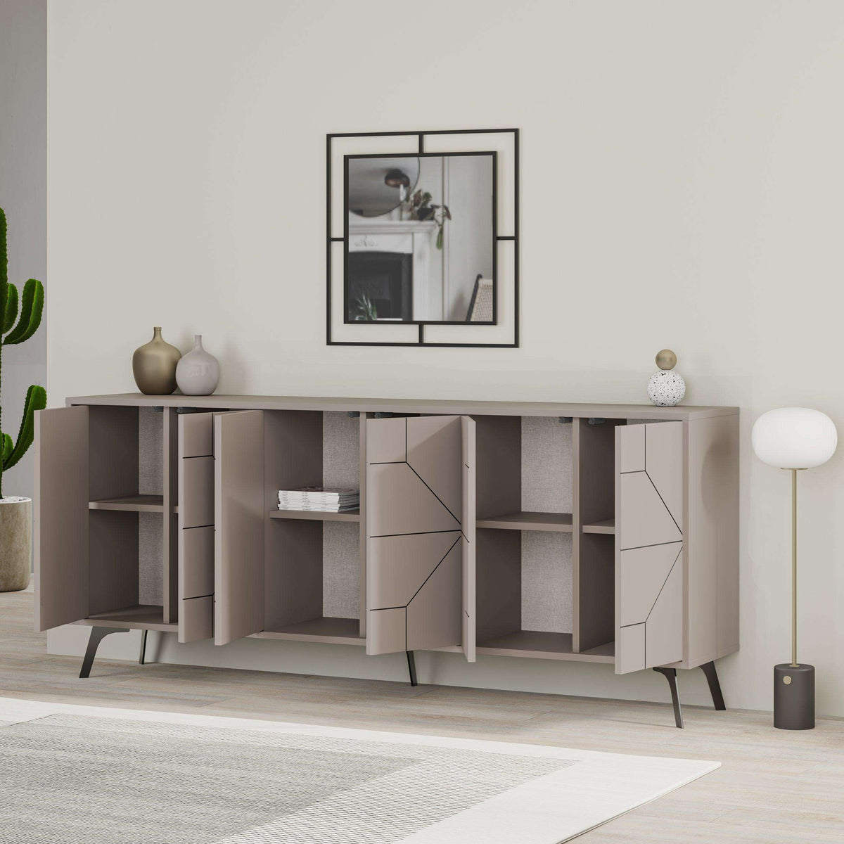 Dark console sideboard with geometric door fronts, open shelves, and thin legs
