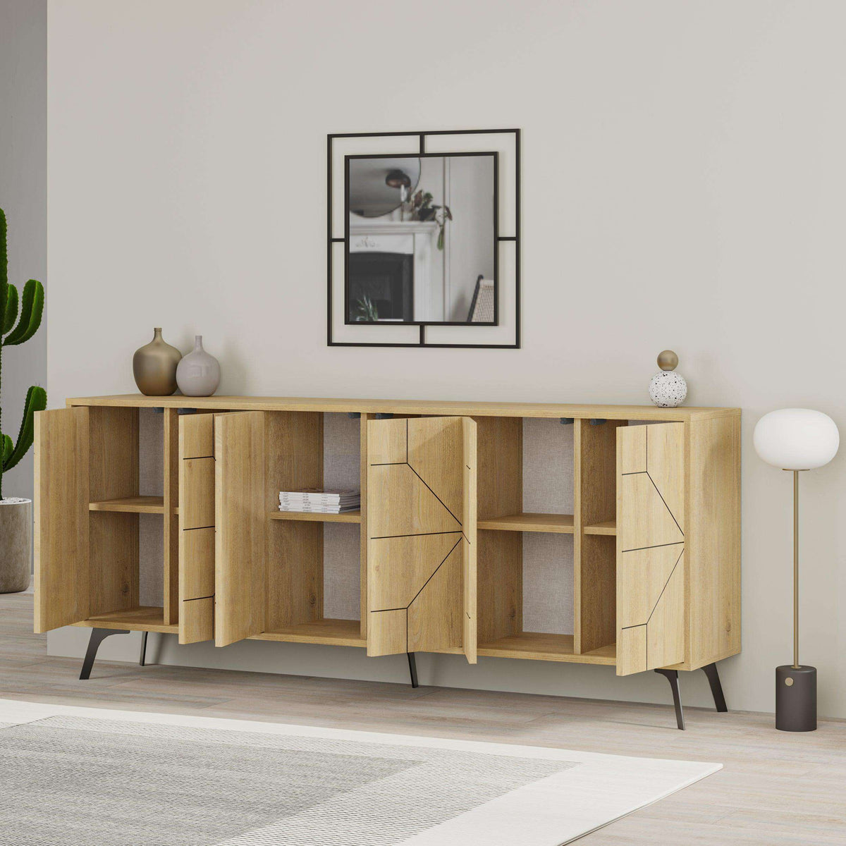 Light oak console sideboard with geometric doors and open shelving