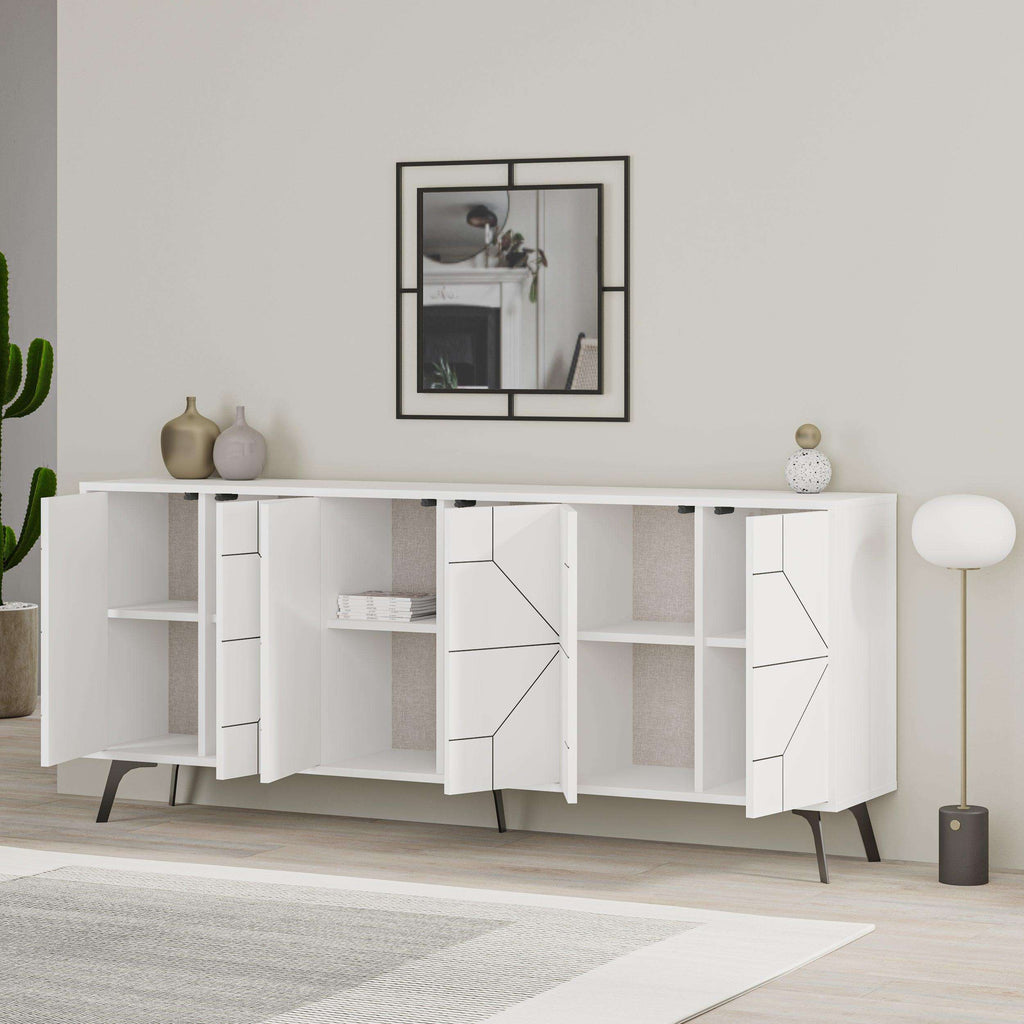 White console sideboard with geometric door panels and open cubby storage