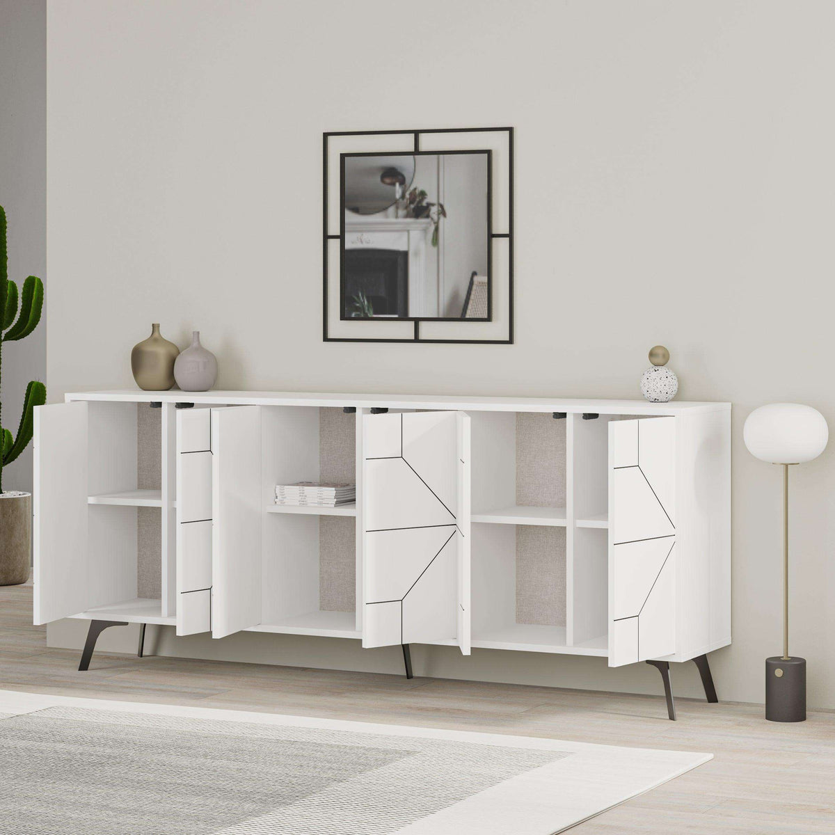 White console sideboard with geometric door panels and open cubby storage