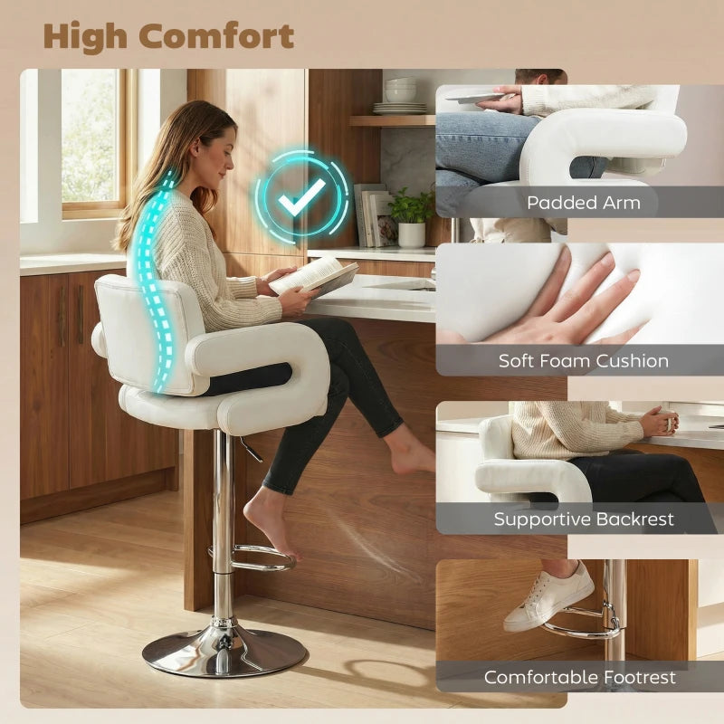 White padded bar stool showing armrest and supportive backrest on a chrome swivel base