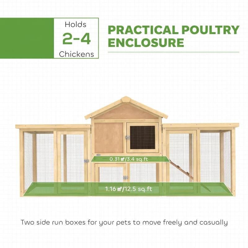 Large wooden poultry enclosure with wire mesh doors, central nesting area, and built-in ramp