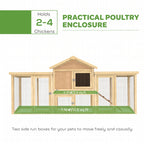 Large wooden poultry enclosure with wire mesh doors, central nesting area, and built-in ramp