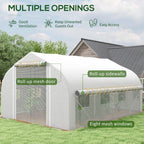 White greenhouse tent with roll-up mesh door and multiple mesh windows