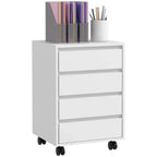 White four-drawer filing cabinet on caster wheels, with open top organizer tray