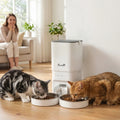 White 7L automatic cat feeder with two stainless bowls and front tray opening