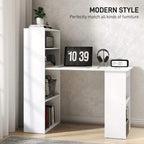White workstation desk with open bookcase shelves for office items