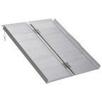 Silver folding aluminum wheelchair ramp with ridged surface and side safety chain