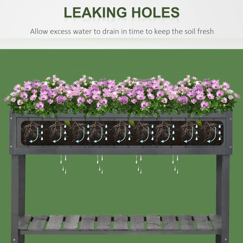 Dark grey plant stand with drainage holes under the planter bed and lower shelf