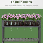 Dark grey plant stand with drainage holes under the planter bed and lower shelf