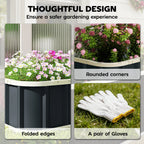 Metal raised garden bed with rounded corners; white pair of garden gloves