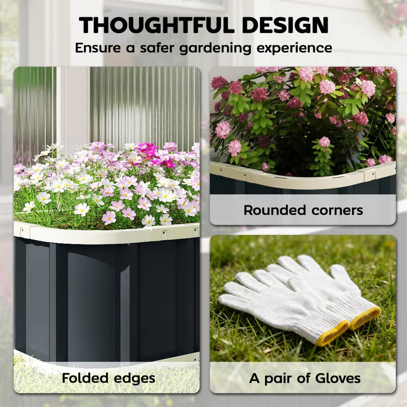Metal raised garden bed with rounded corners; white pair of garden gloves