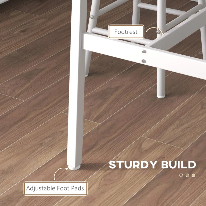 White stool legs with adjustable foot pads and a built-in footrest bar.