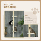 Cream cat tree shown in a promotional layout, with stacked perches for climbing.