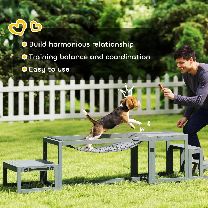 Grey wooden agility bridge with pause platform and pet stair for dog training