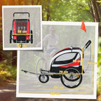Red baby bike trailer side view with safety flag and reflective panels