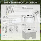 Pop-up gazebo carry bag and illustrated setup steps on a box for quick assembly