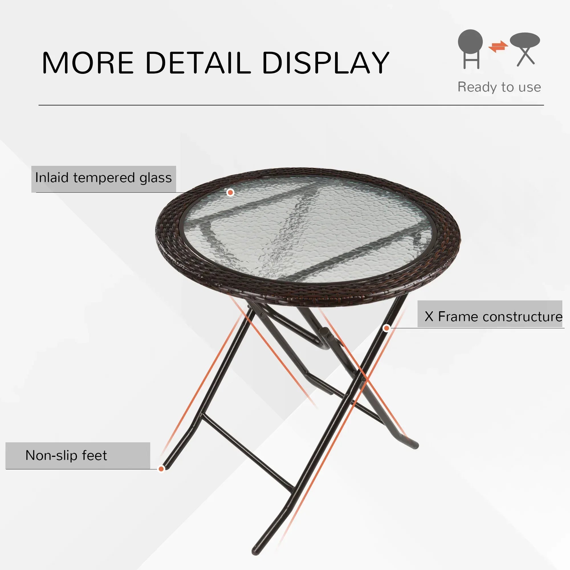 Folding Rattan Garden Dining Table, 68 cm Round Rattan Garden Table with Water Ripple Tempered Glass Top, Wicker Edging and Steel Frame for Outdoor, Patio, Brown - Bobobiy