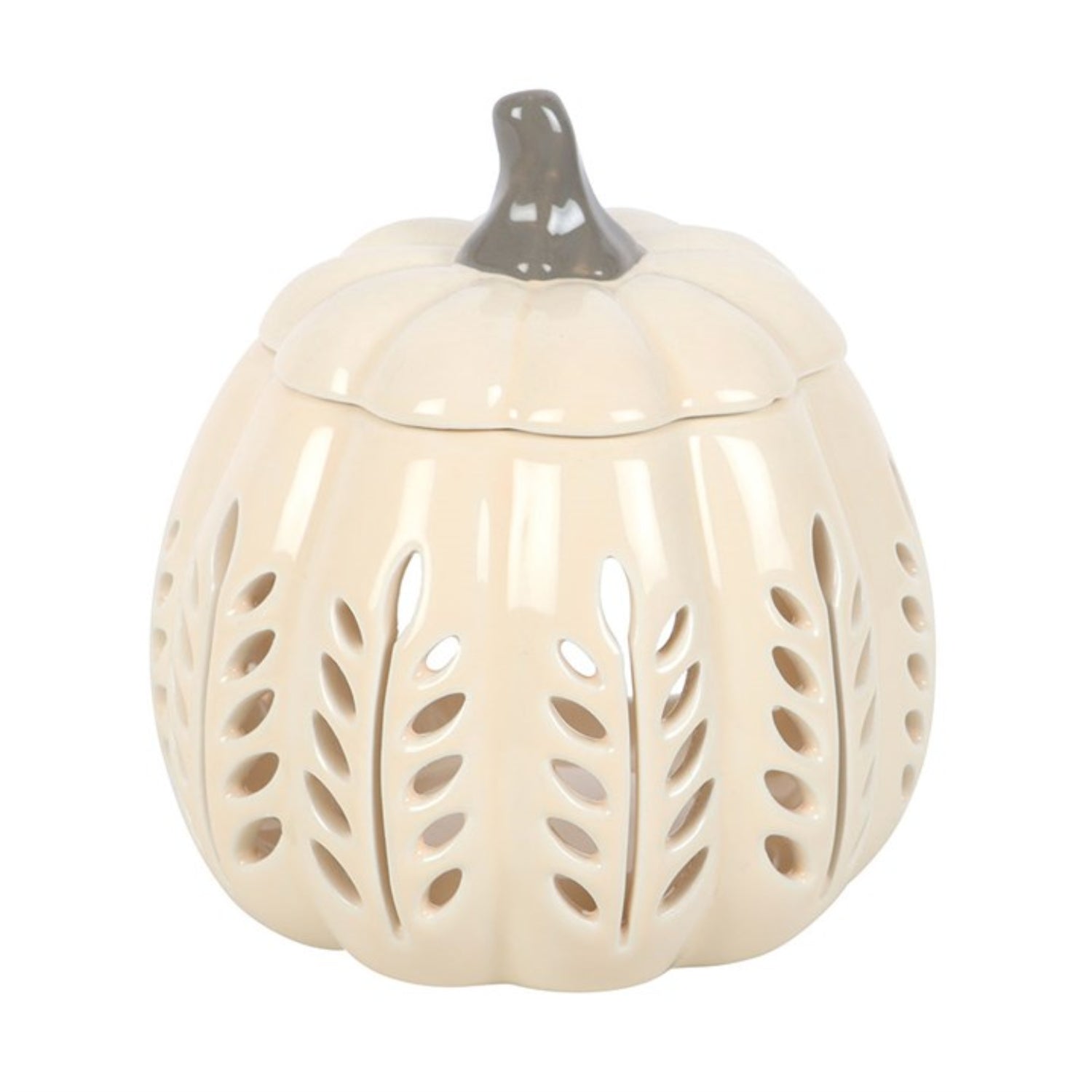 Ceramic pumpkin-shaped lantern with cut-out patterns on a white background