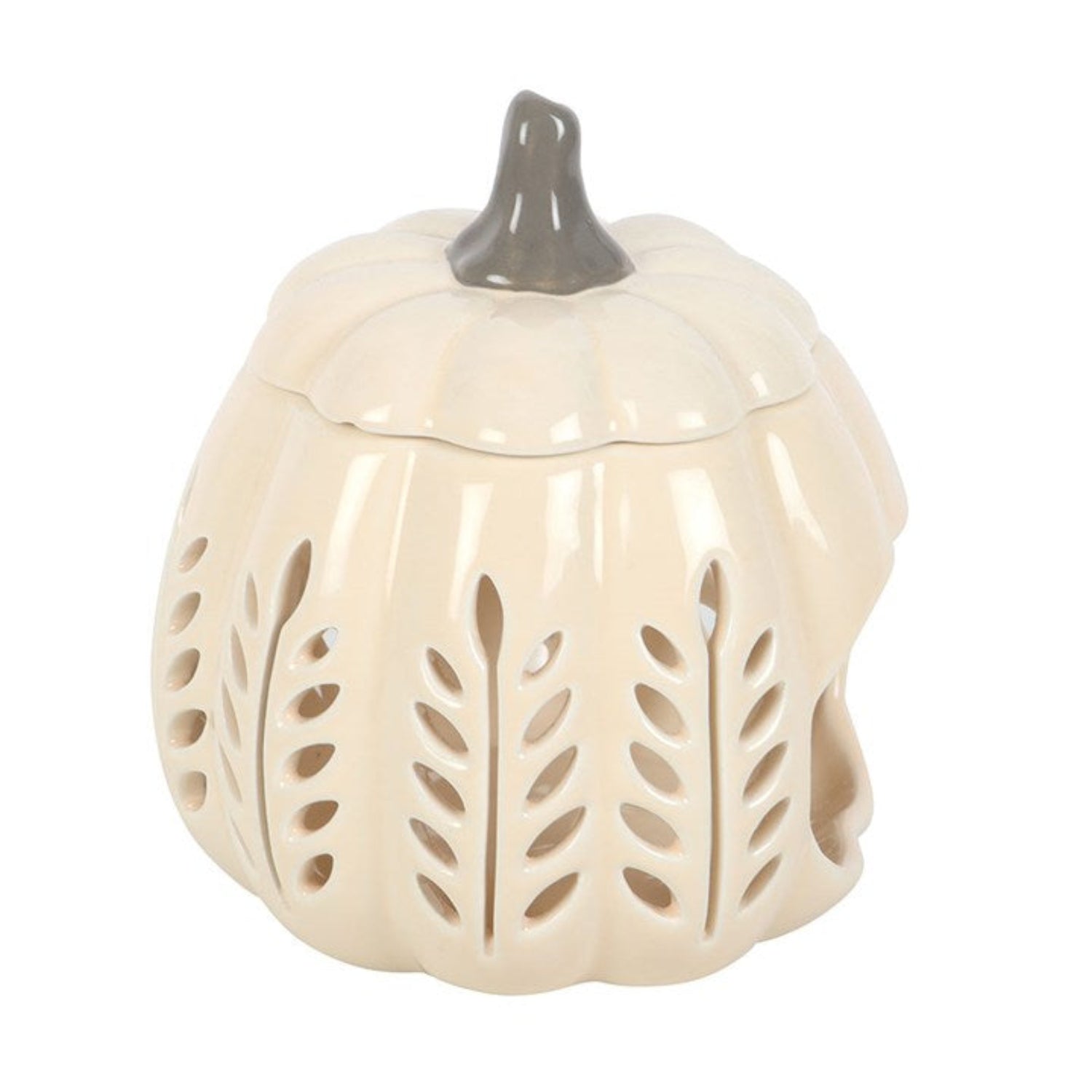 Ceramic pumpkin-shaped container with a gray top on a white background