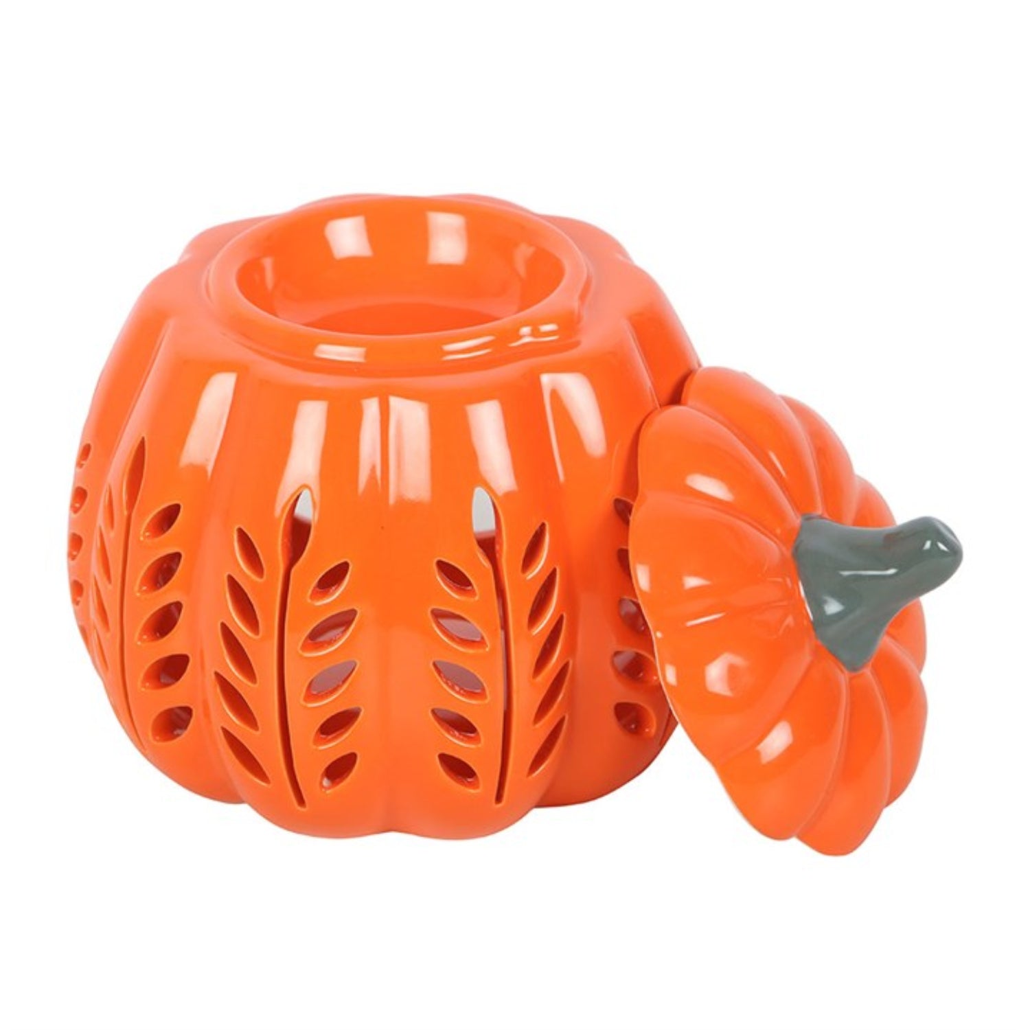 Orange ceramic pumpkin-shaped lantern on a white background