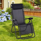 Black folding recliner lounger with head pillow and armrests, curved metal frame